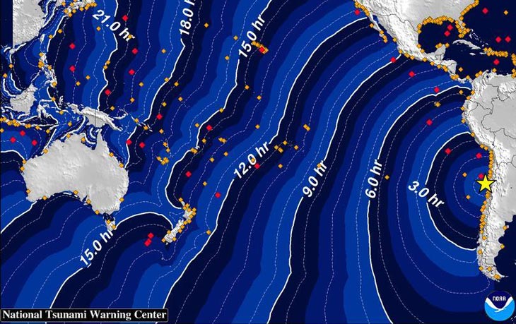 Карта с сайта Центра предупреждения об угрозе цунами Западного побережья США и Аляски